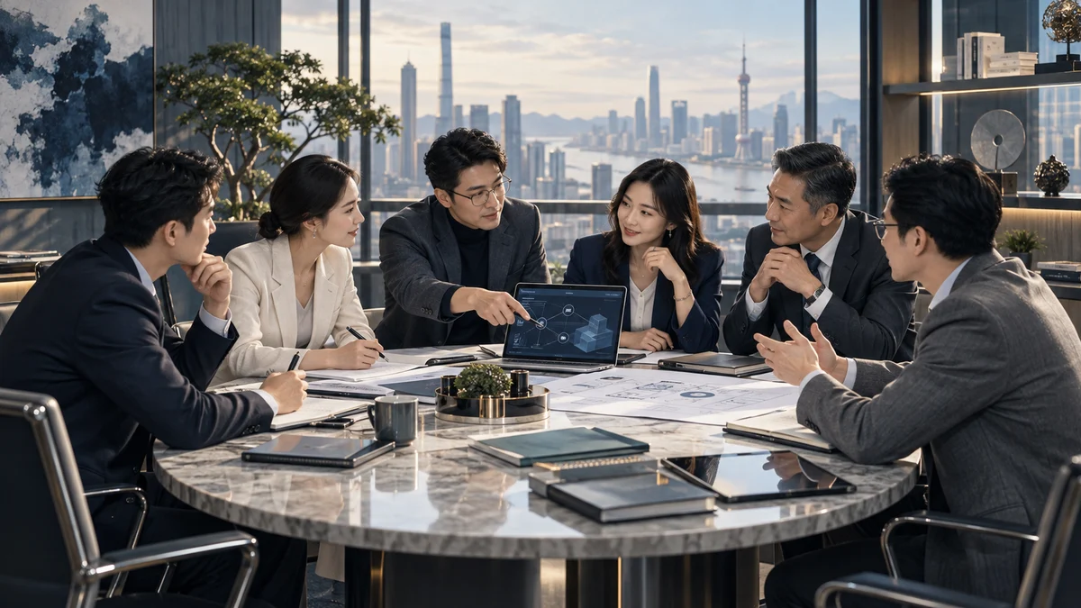 课程场景示意:来自不同职能的协作者围绕共同项目讨论目标与责任